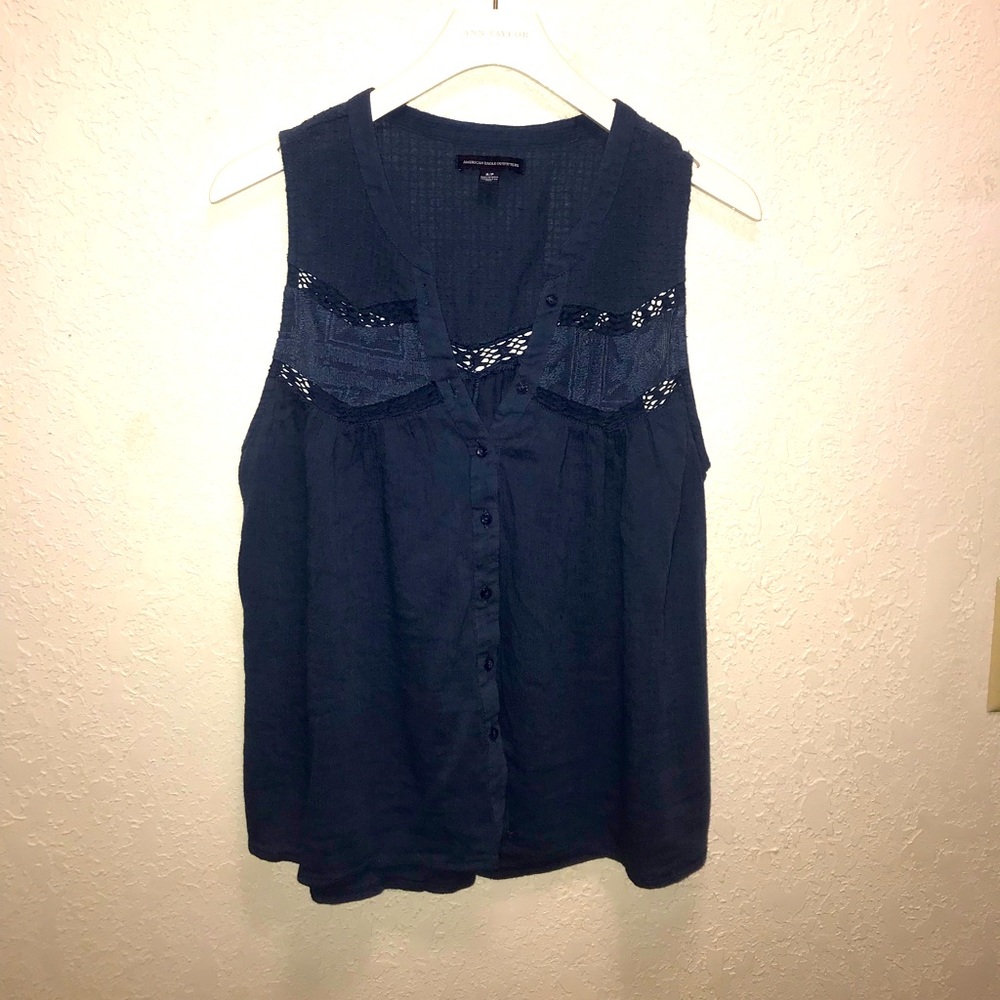 American Eagle Button-down Navy Blue Sleeveless Blouse Size Small/Petite